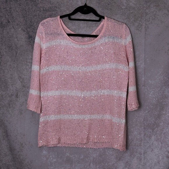 Avalin Sweaters - Avalin Women's Large Pink White Striped Sequin Knit Sweater 3/4 Sleeve
